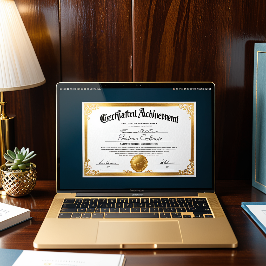 Editorial overhead shot of an open MacBook displaying a gold-bordered certificate of achievement on a polished mahogany 