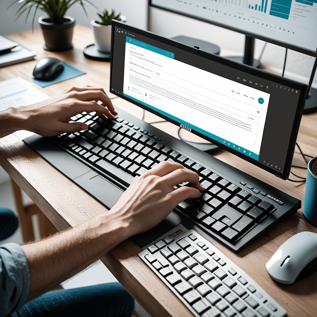 Eye-level close-up of a designer's hands hovering over a keyboard, a browser-based certificate editor filling the monito
