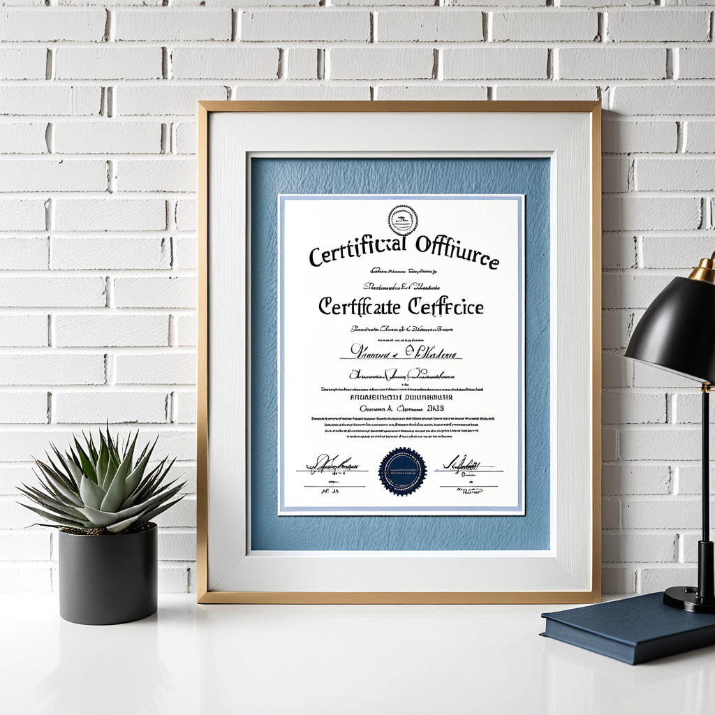 Split editorial photograph — left frame: a professionally framed certificate mounted on a white-painted brick office wal