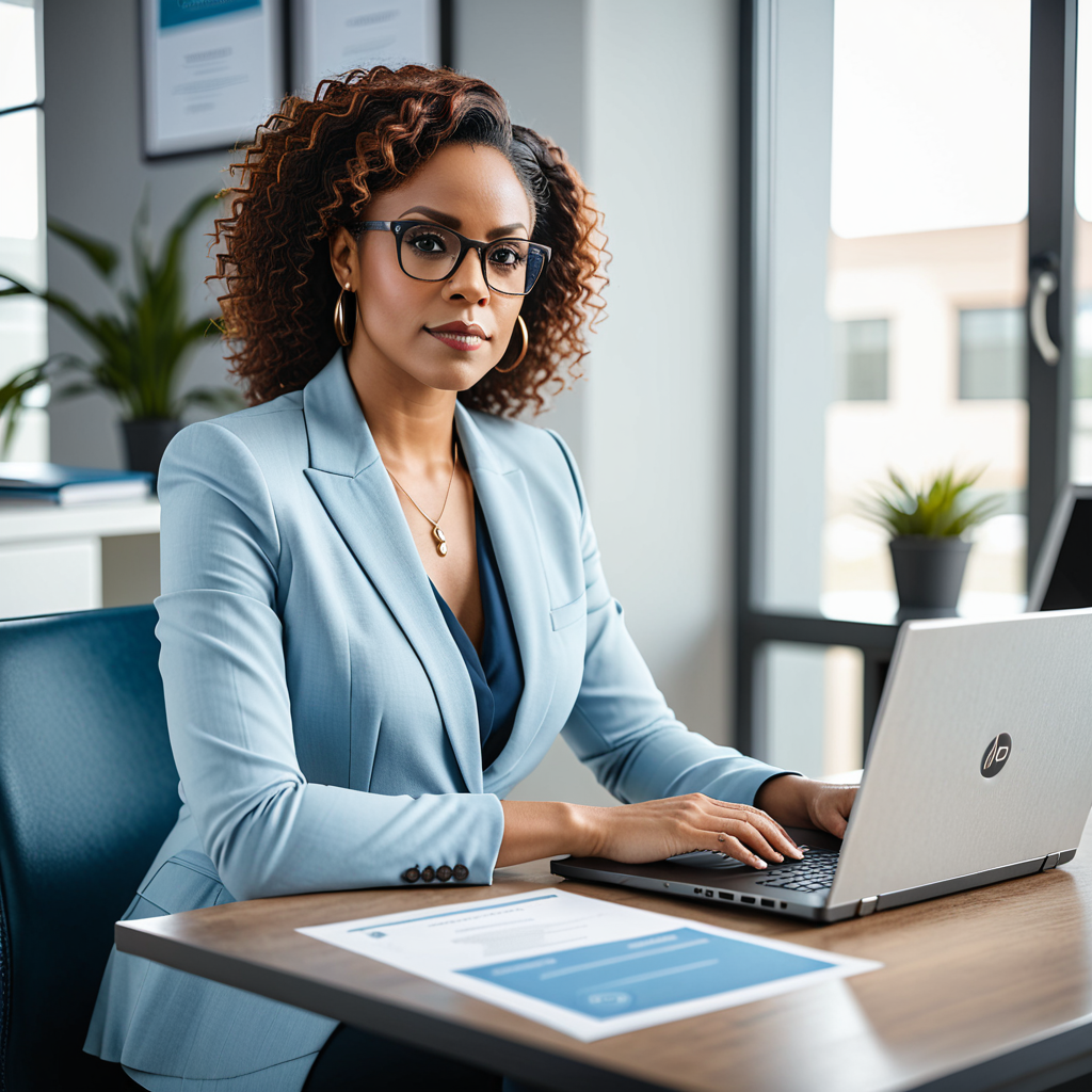 A confident minority business owner seated at a clean modern desk, reviewing a laptop displaying a professional certific