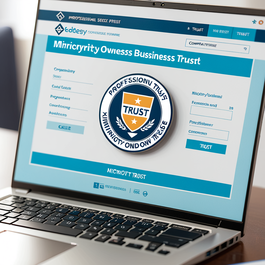Extreme close-up of a laptop screen displaying a professionally designed minority-owned business trust badge on a compan
