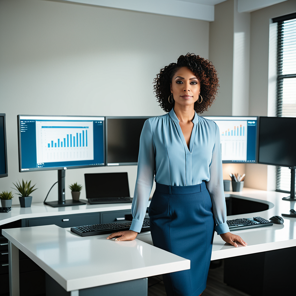 Wide-angle editorial shot of a diverse small business owner standing confidently in front of a dual-monitor workstation,