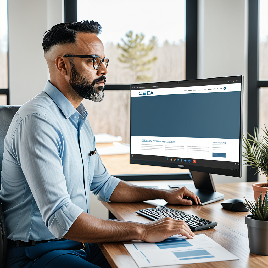 A veteran business owner seated at a standing desk reviewing their refreshed website on a wide monitor — the screen clea