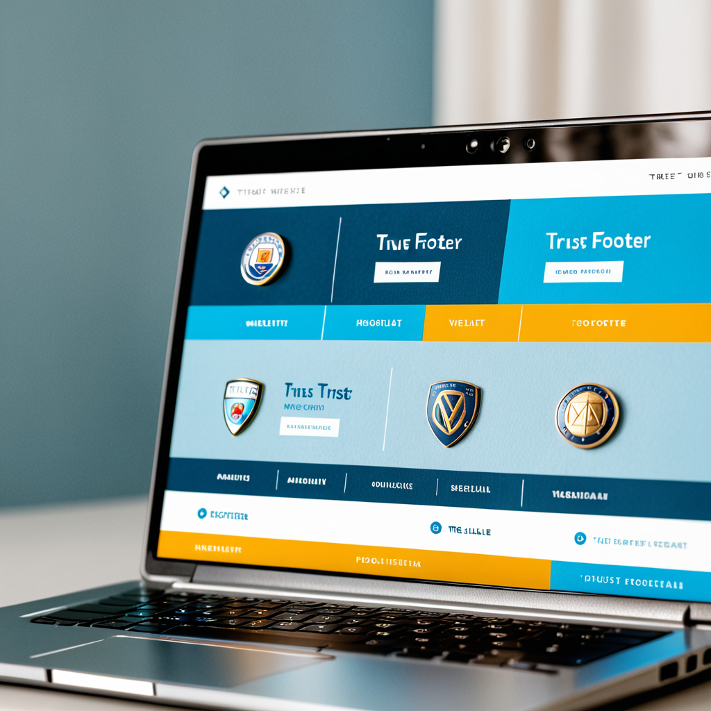 Macro shot of a laptop screen showing a website footer with three trust badges arranged in a clean horizontal row — vete