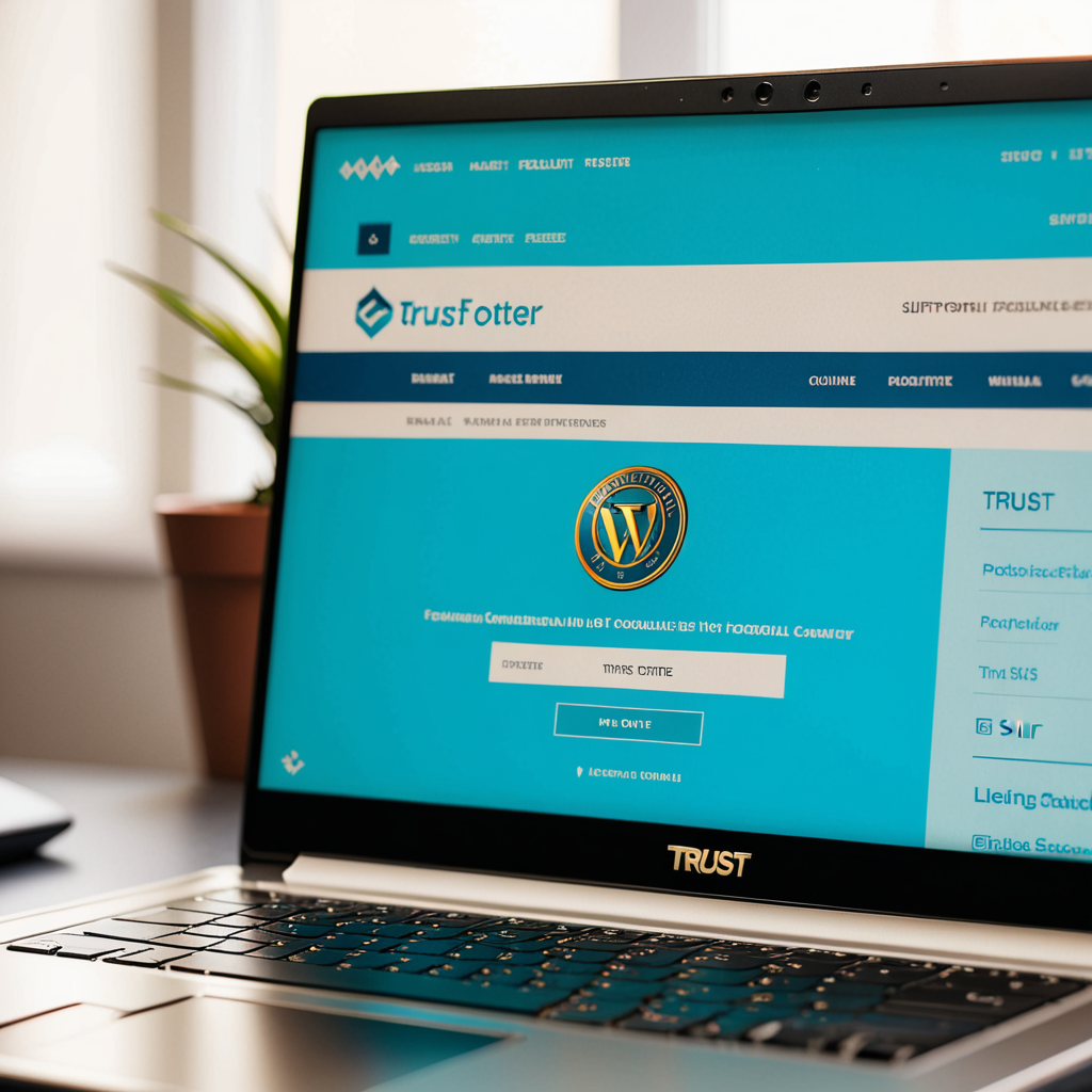 Editorial close-up of a laptop screen showing a website footer with a small trust badge glowing in the corner — the surr