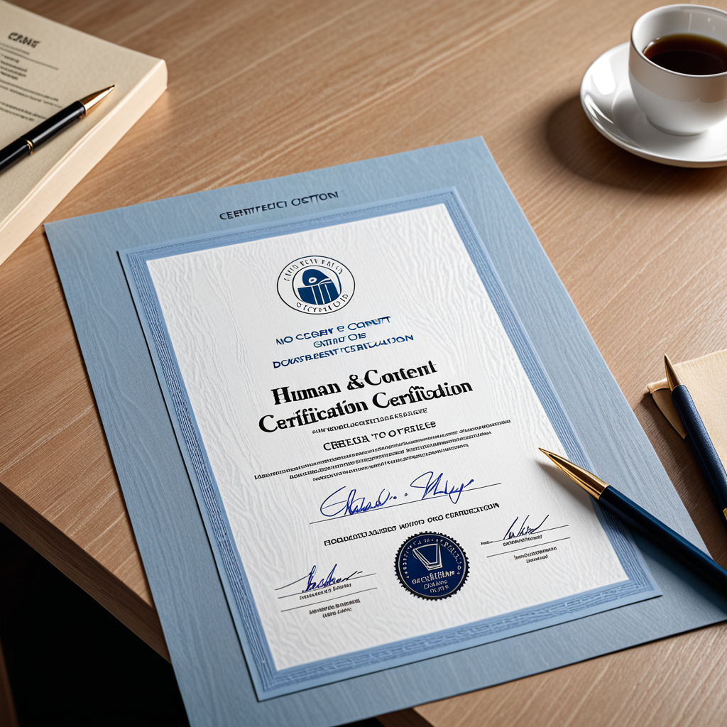 Editorial photograph of a crisp "Human Content Certification" document resting on a minimal light-wood desk — an embosse