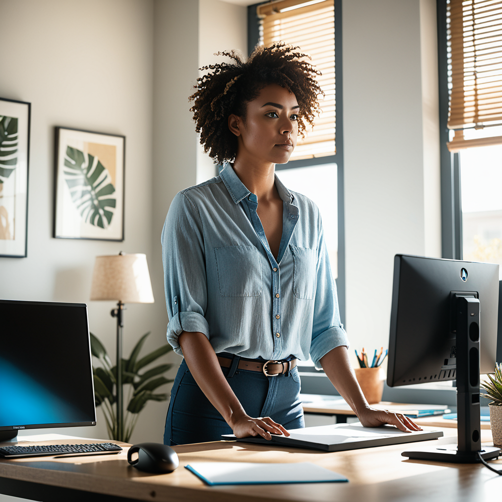 Editorial photograph of a focused content creator at a standing desk in a sunlit studio — a human content certification 