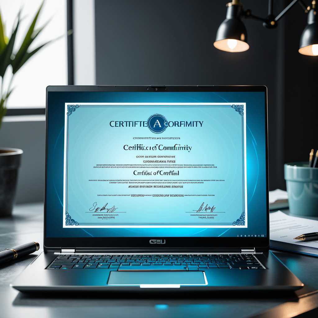Dramatic overhead editorial shot of a digital certificate of conformity on a glowing laptop screen, surrounded by custom