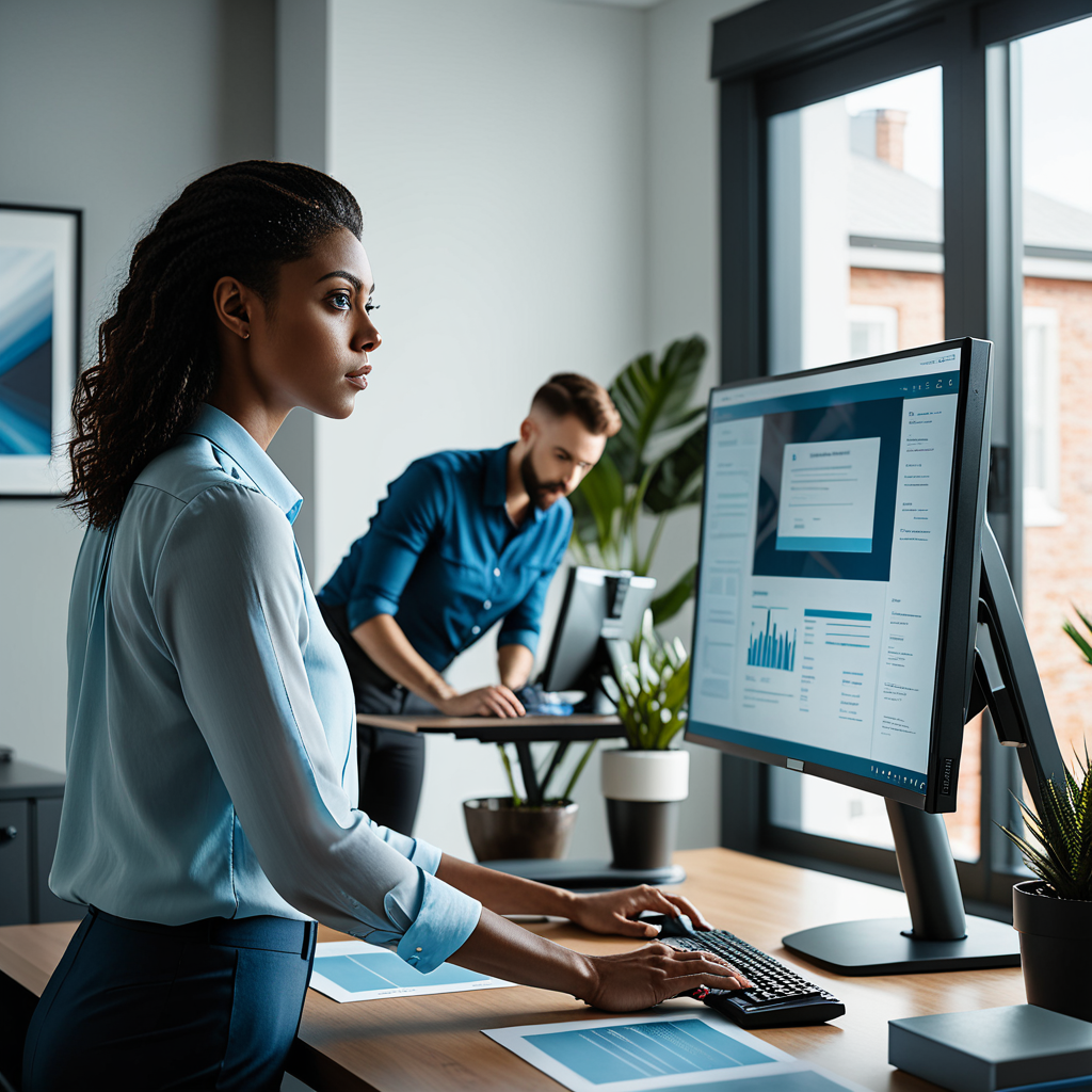 Mid-shot of a focused professional at a standing desk generating a digital certificate on a large monitor — a verificati