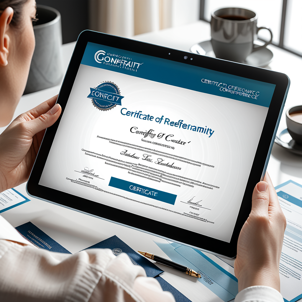 Close-up editorial shot of a tablet displaying a digital certificate of conformity — product name, standard reference co