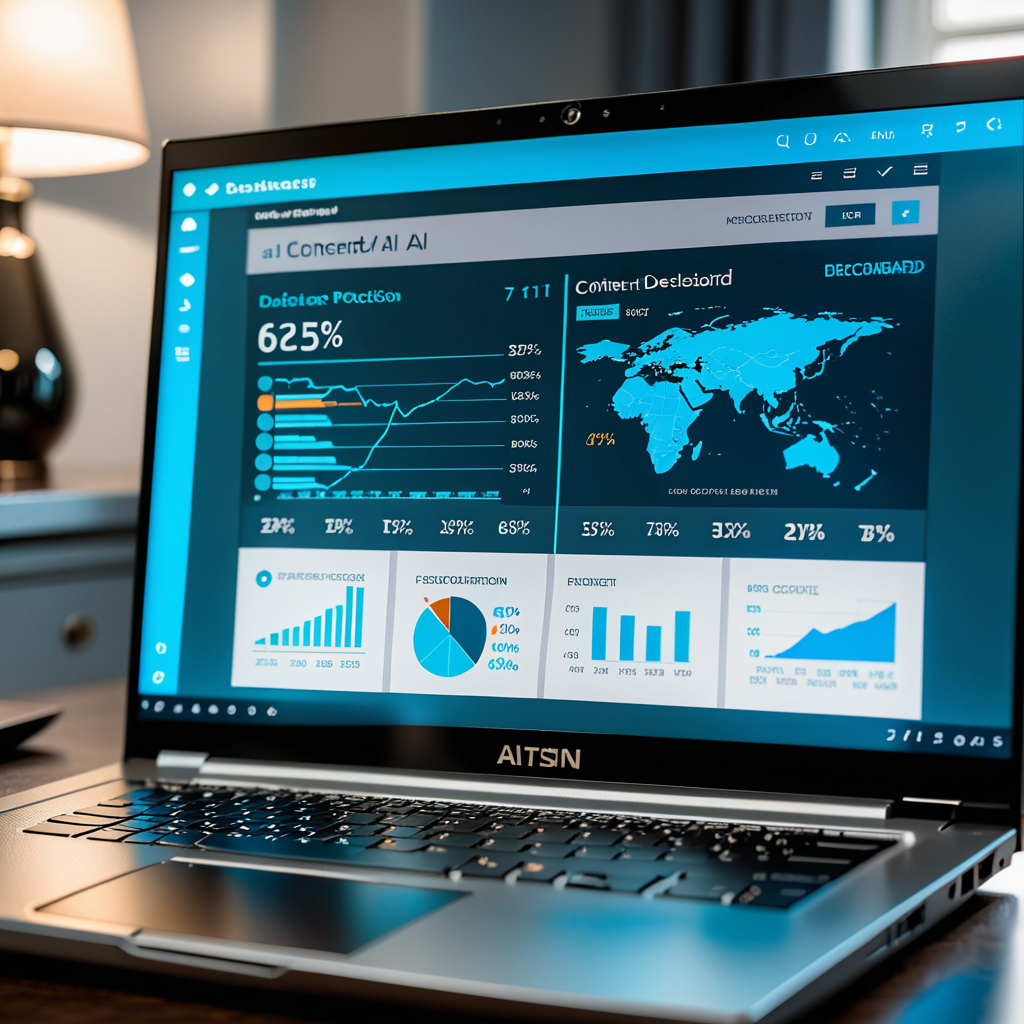 Close-up editorial photograph of a laptop screen displaying an AI content detection dashboard with a glowing percentage 