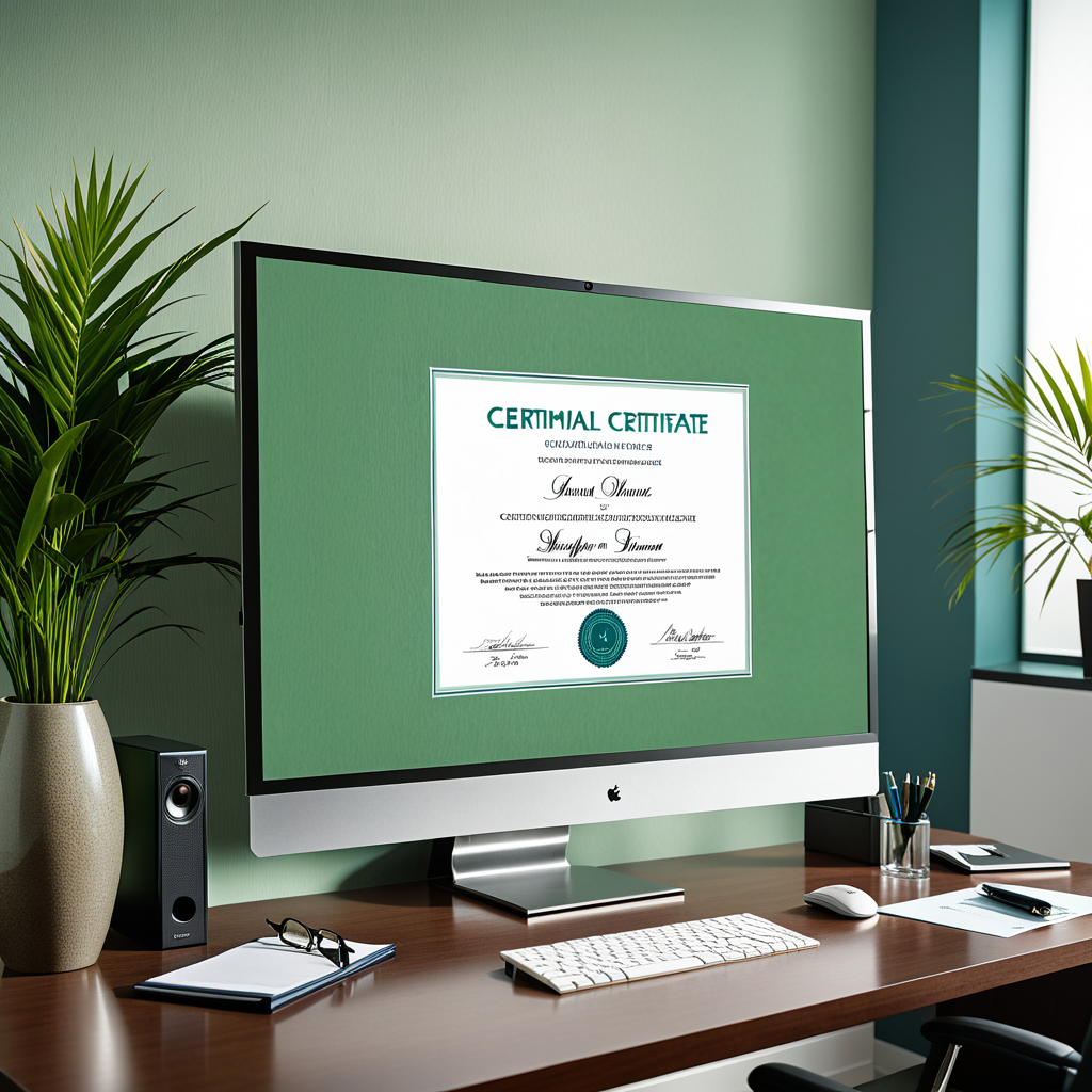 A polished corporate photograph of a wide-format monitor displaying a formal digital certificate with an embossed green 