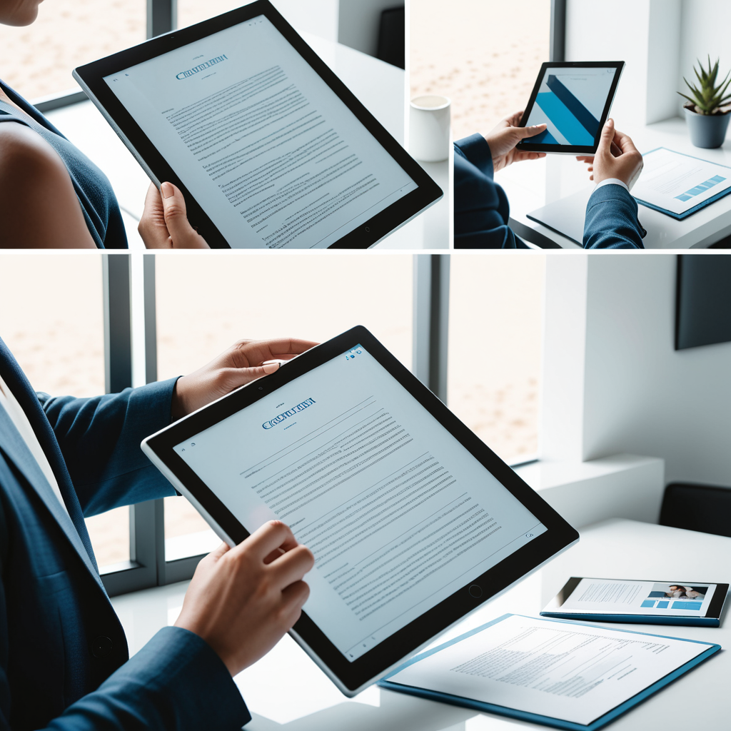 A clean triptych editorial photograph — left panel shows a person uploading a document on a tablet, center panel shows a