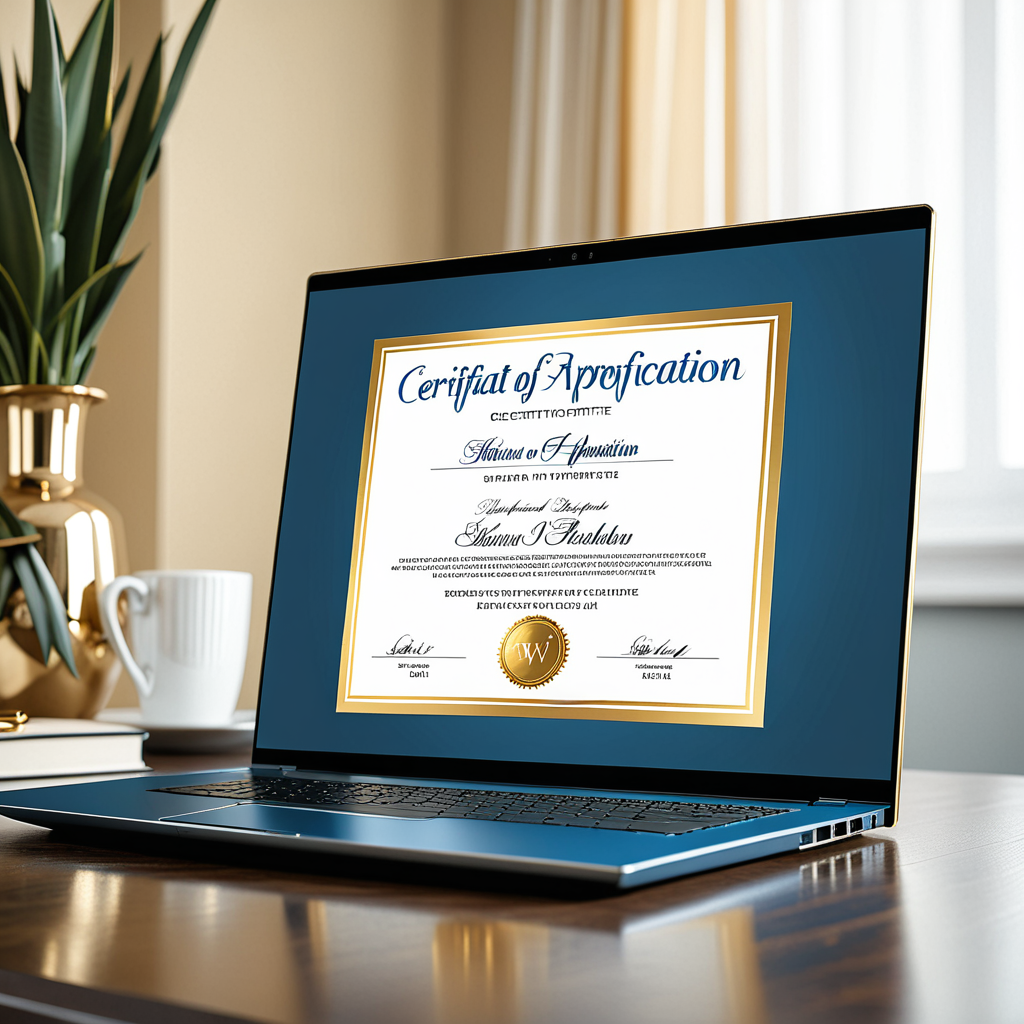 A professionally designed digital certificate of appreciation displayed on a laptop screen, rendered in blue and gold wi