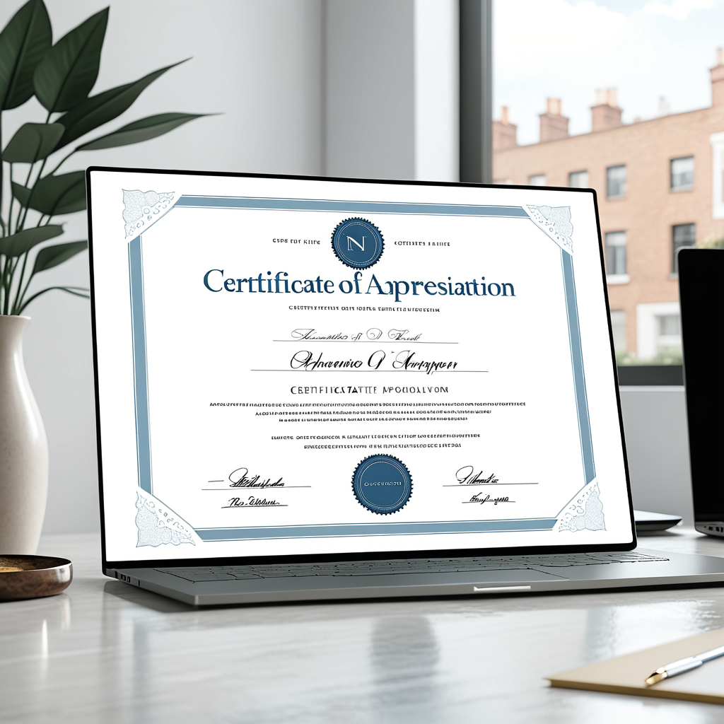 A clean desktop interface showing a certificate of appreciation template being customized online — recipient name field 