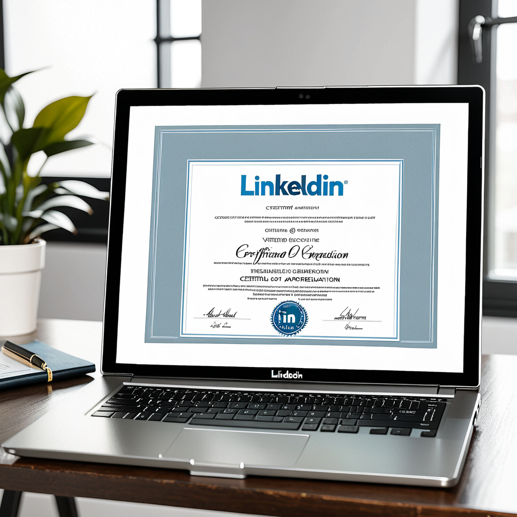 A framed certificate of appreciation on a professional's desk beside a laptop showing a verified LinkedIn credential sha