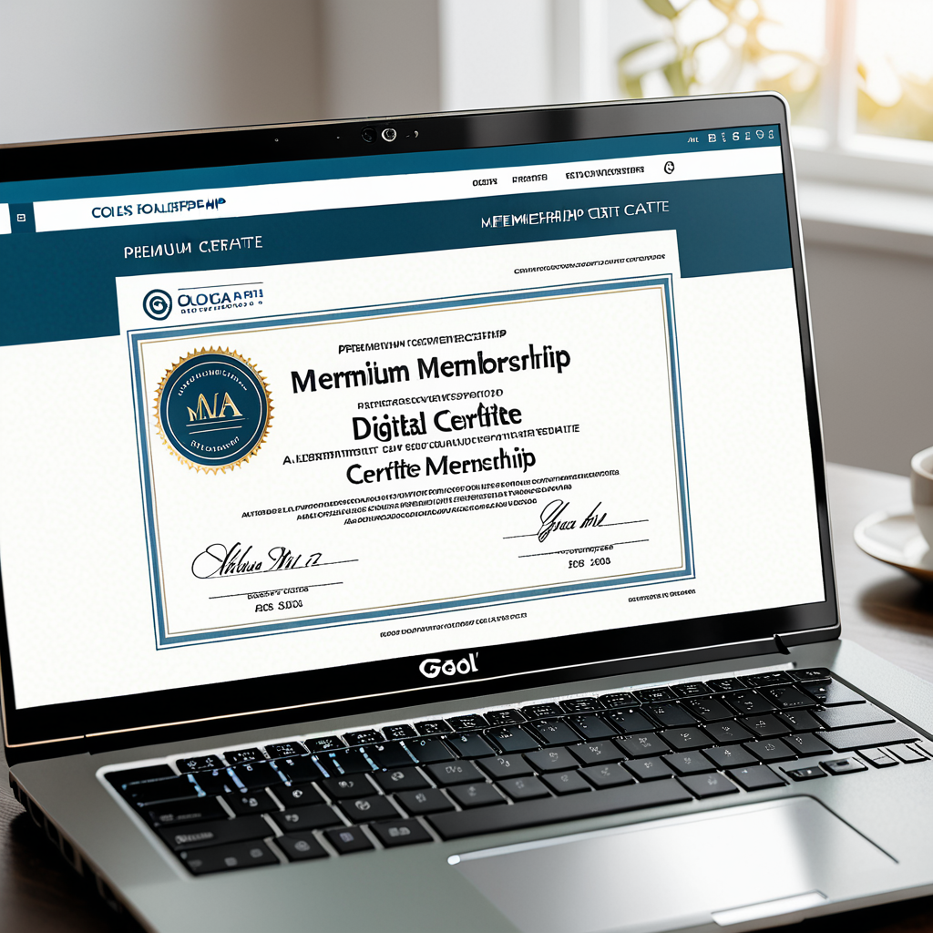 Close-up editorial photograph of a premium digital membership certificate glowing on a matte-finish laptop screen, a gol
