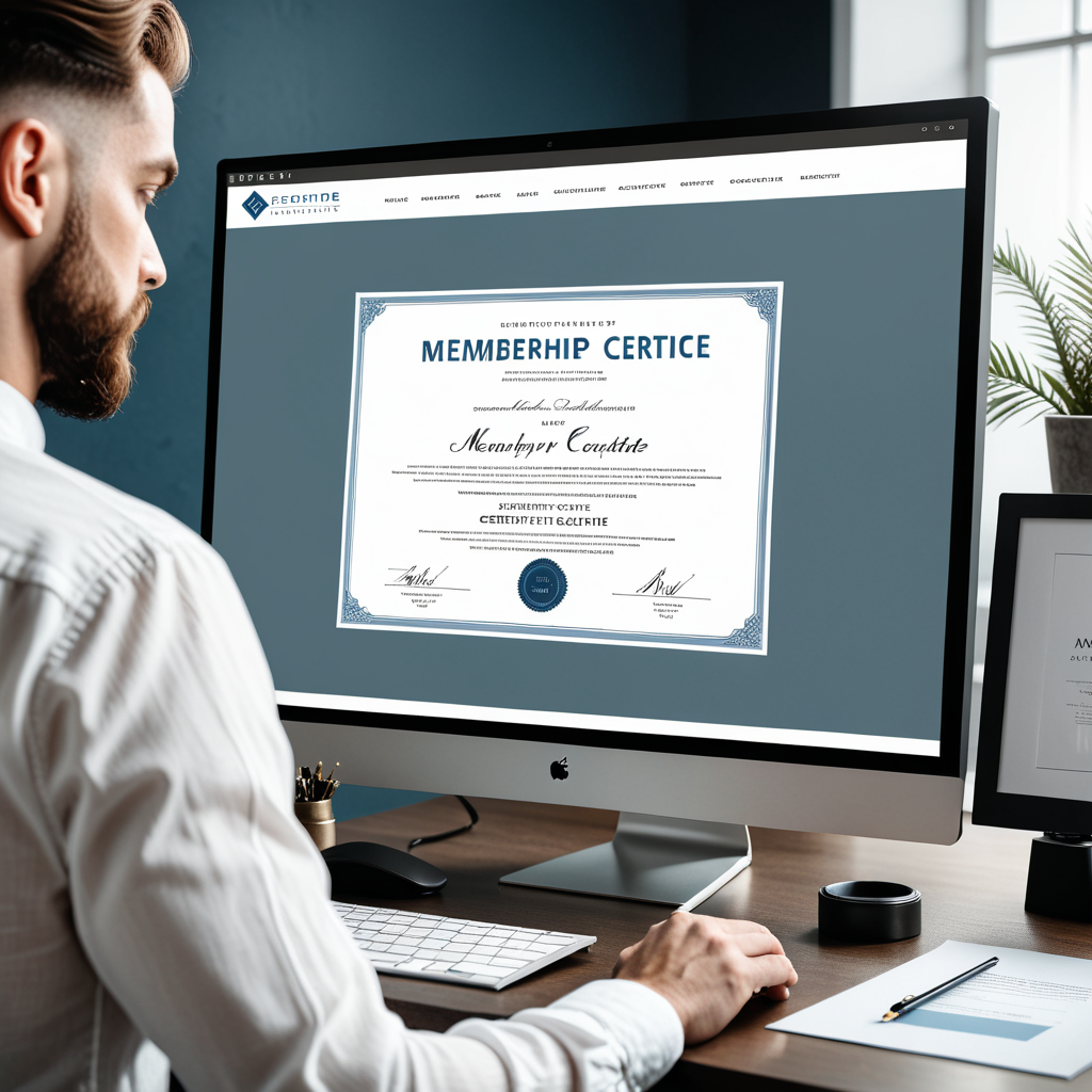 Over-the-shoulder editorial shot of a designer customizing a membership certificate template on a wide curved monitor — 