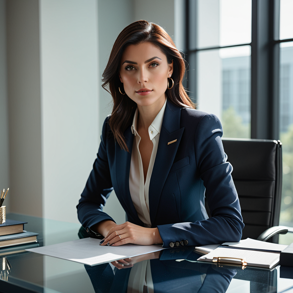 Sharp editorial photograph of a professional in a tailored navy blazer seated at a glass-topped desk, reviewing a digita