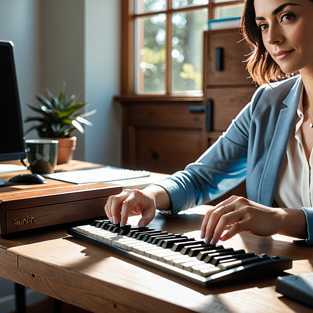 Over-the-shoulder editorial portrait of a small business owner at a sunlit wooden desk — fingers poised above a keyboard