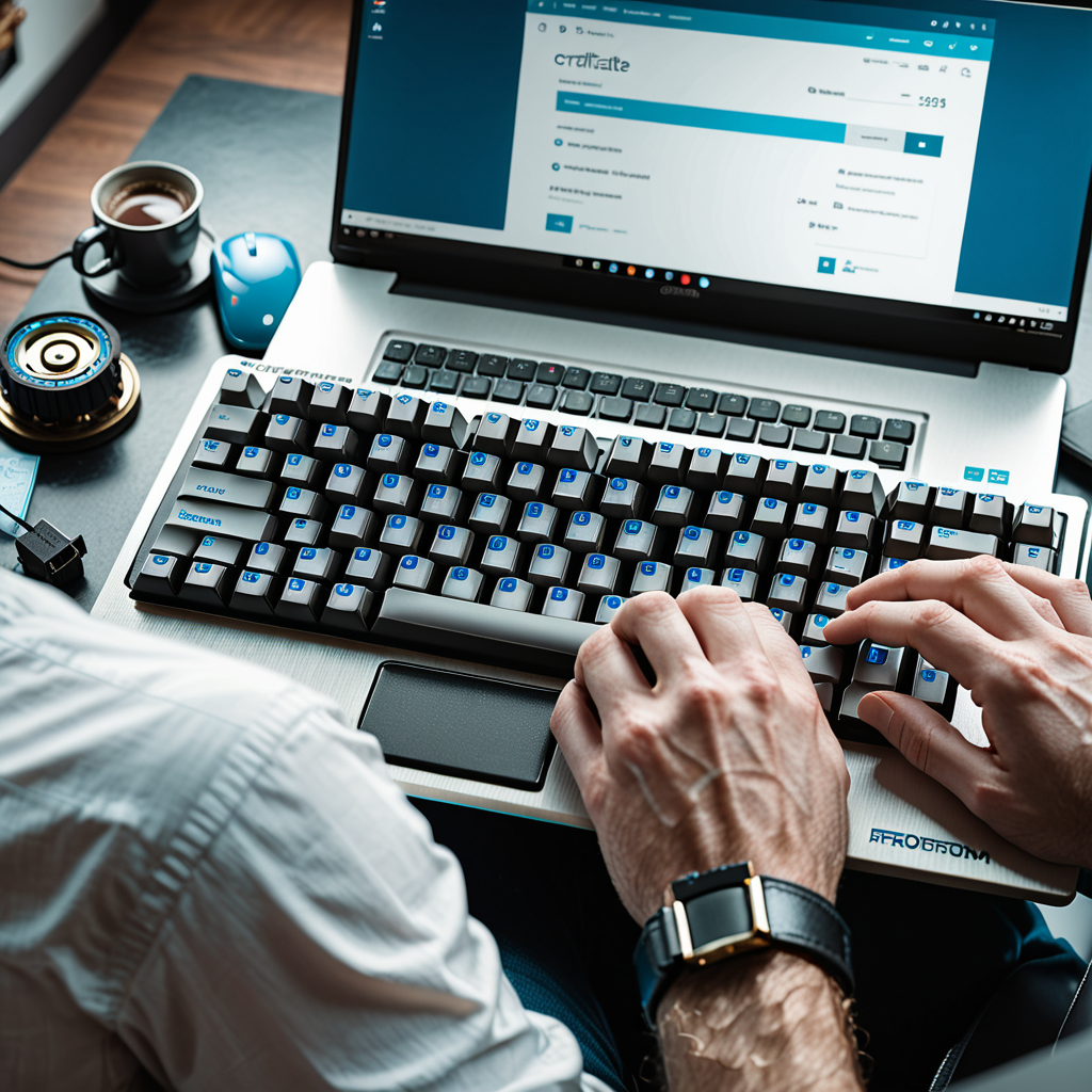Editorial close-up of a writer's hands on a mechanical keyboard beside an open laptop displaying a digital certificate o