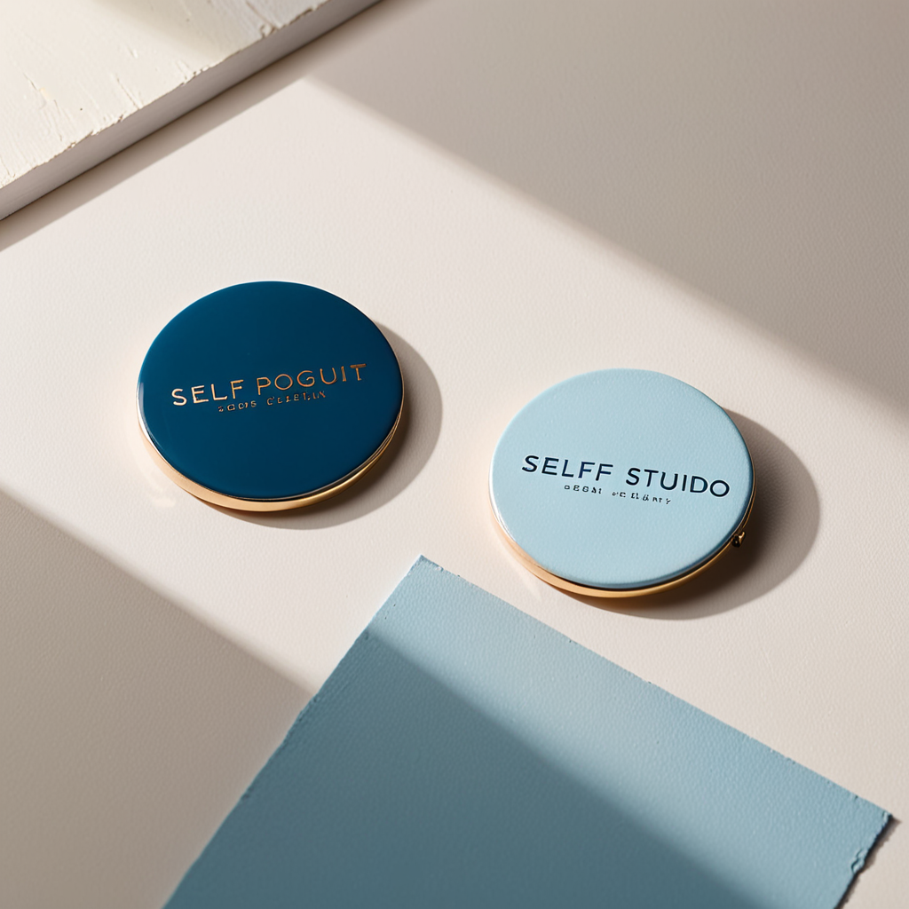 Clean studio-lit split composition — left half shows a plain circular badge graphic on a white background labelled "self