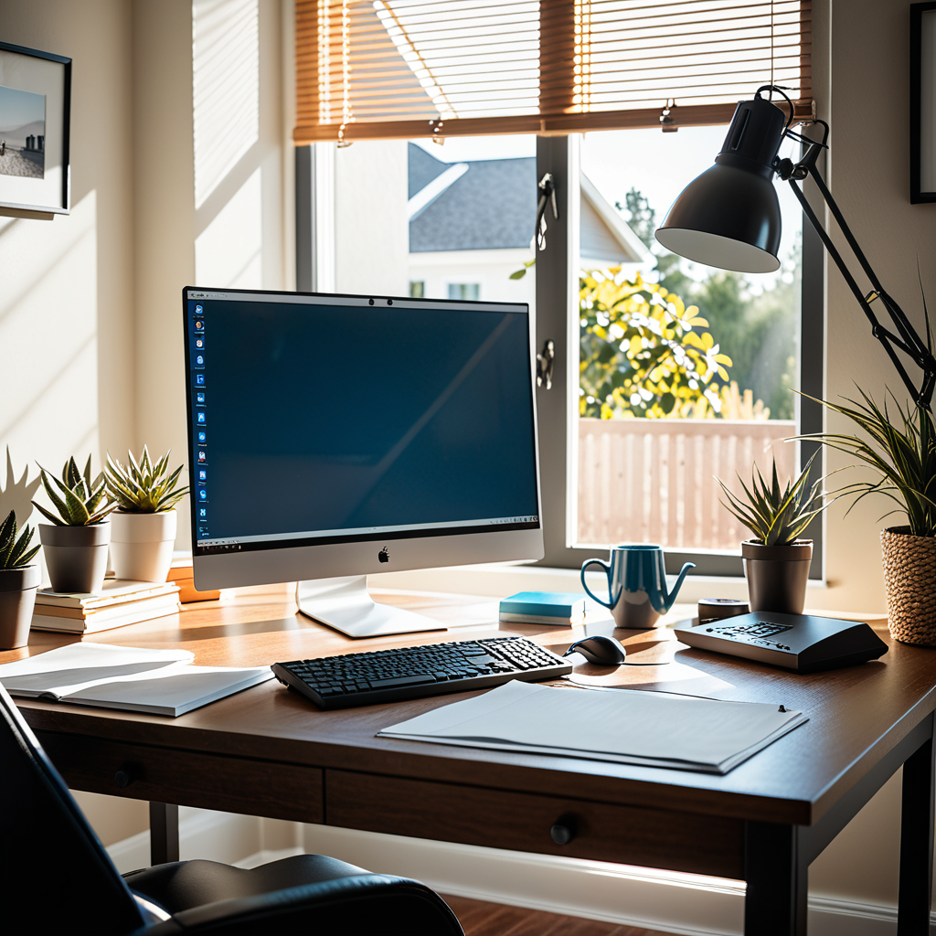 Warm editorial photograph of a freelance writer at a sunlit home office desk, monitor displaying a live website with a v