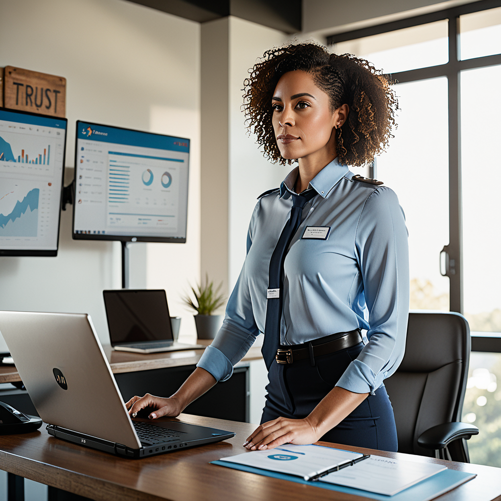 Close-up of a confident female entrepreneur at a standing desk, laptop open to a digital trust badge dashboard; warm aft
