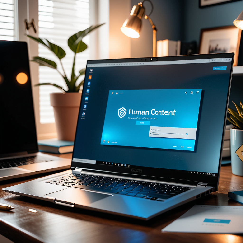 A glowing laptop screen in a warmly lit home office shows a human-written content badge embedded on a clean editorial we