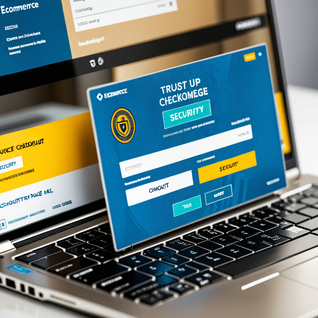 Editorial close-up of a laptop screen displaying an ecommerce checkout page, trust badges and security seals arranged be