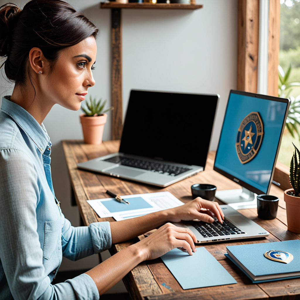 Warm over-the-shoulder photograph of a small business owner at a wooden desk, laptop open on a badge generation interfac