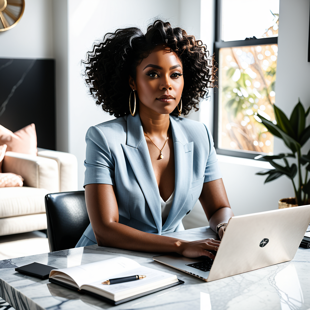 A Black woman entrepreneur sits at a sunlit marble desk, a sleek laptop open before her displaying a clean brand homepag