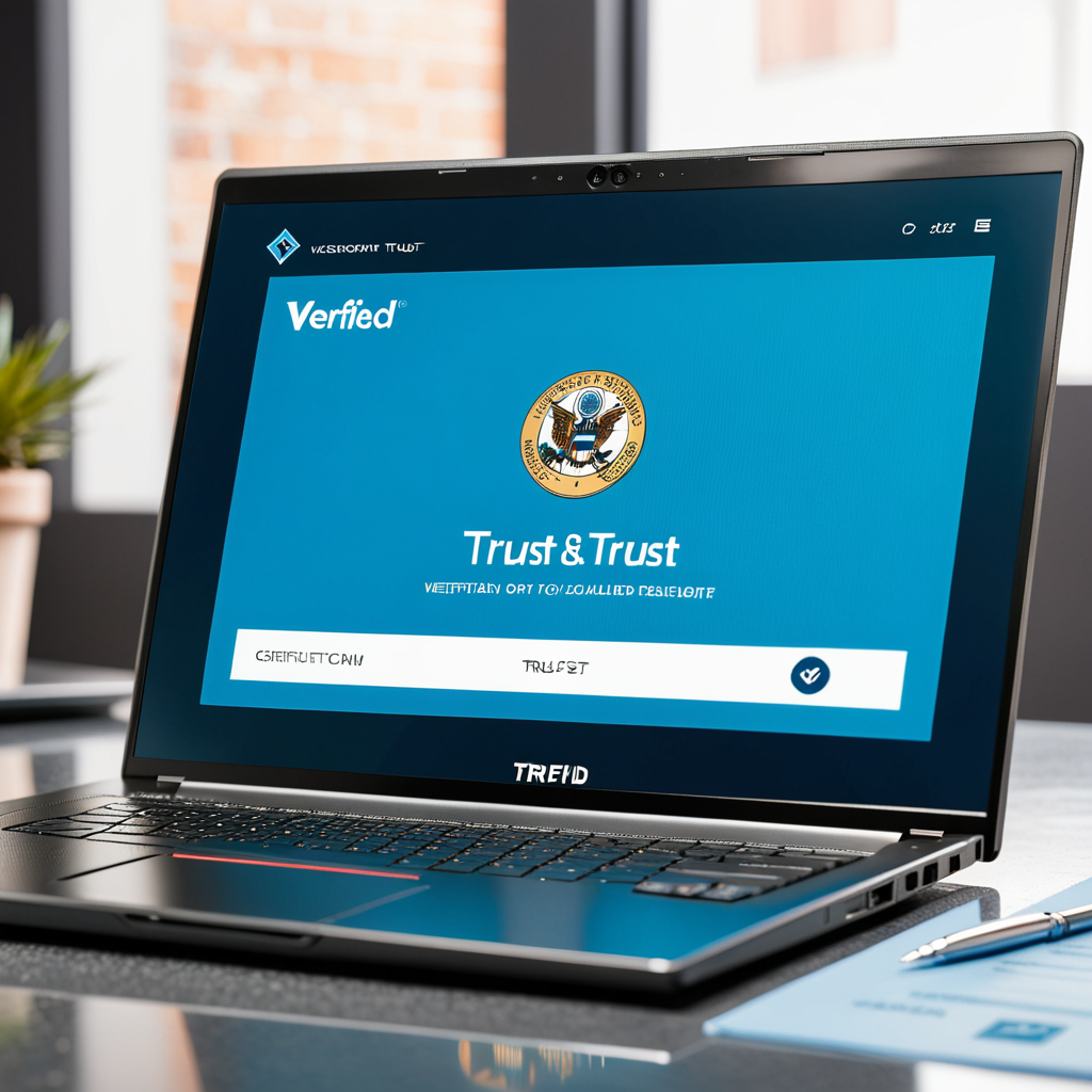 Extreme close-up of a laptop screen showing a sleek verified trust badge — a bold seal with a unique verification ID, is