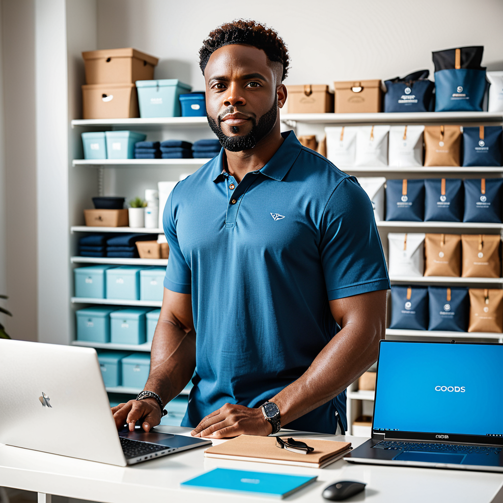 A Black male business owner stands confidently in his product studio — shelves of branded goods behind him, laptop open 