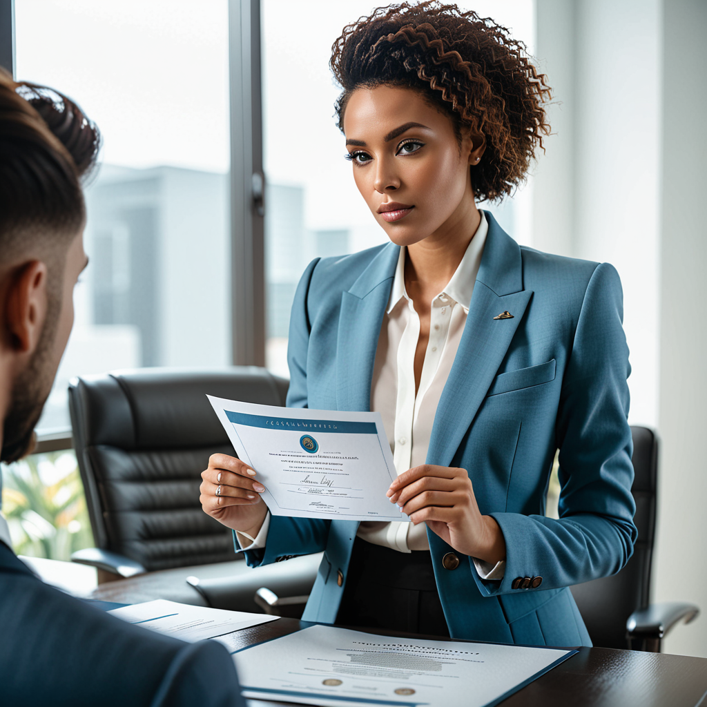 A composed editorial shot of a business professional in a tailored blazer reviewing a digital certificate of achievement