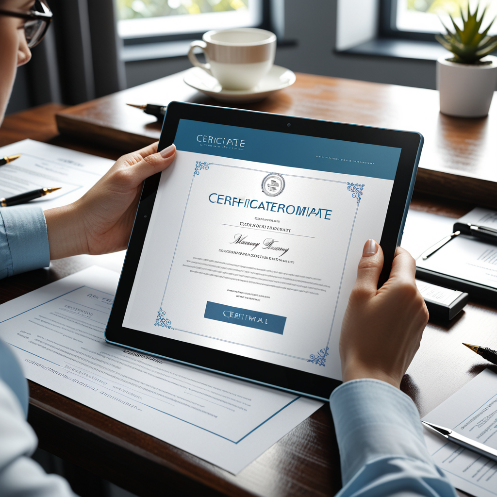 Close-up editorial photograph of a tablet screen mid-workflow, showing a certificate template being customized — a corpo