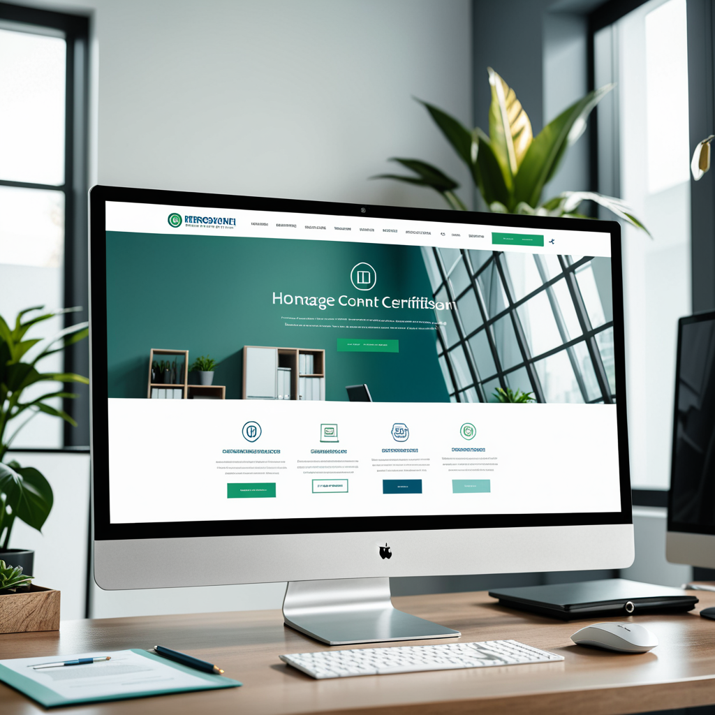 A professional business homepage displayed on a large monitor, a prominent human content certification badge and green v