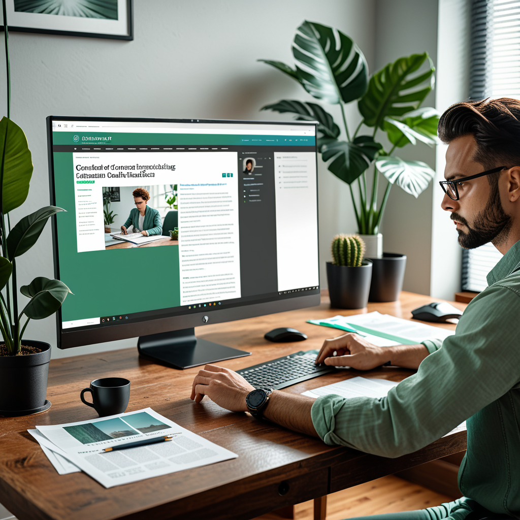 A focused content creator at a clean wooden desk reviewing a long-form blog article on screen, a green "Human Certified"