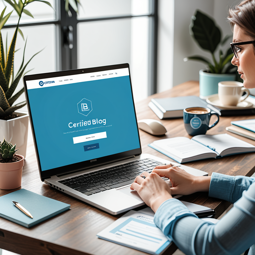 A small business owner at a bright modern desk, laptop screen showing a certified blog post with a human content badge p