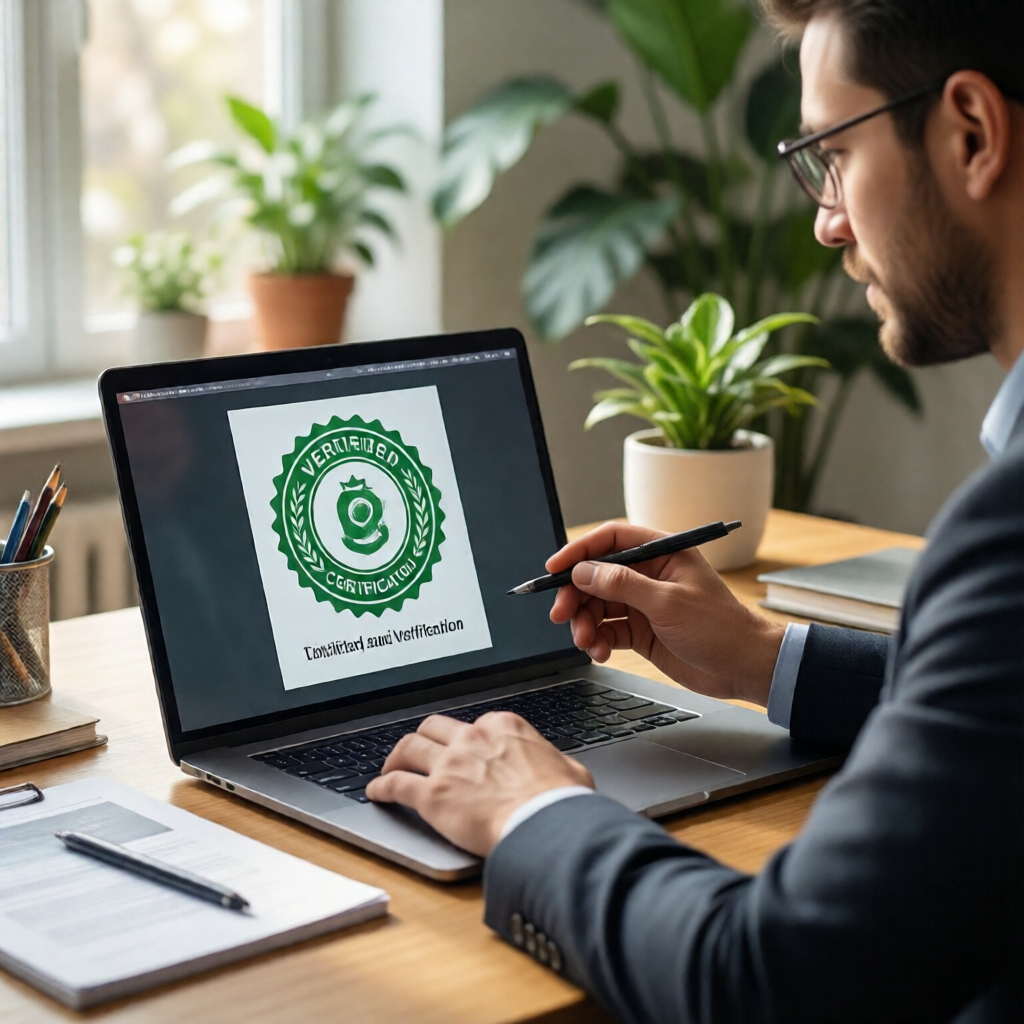 A composed small business owner reviewing a verified green certification badge on a laptop screen at a sunlit desk — cle