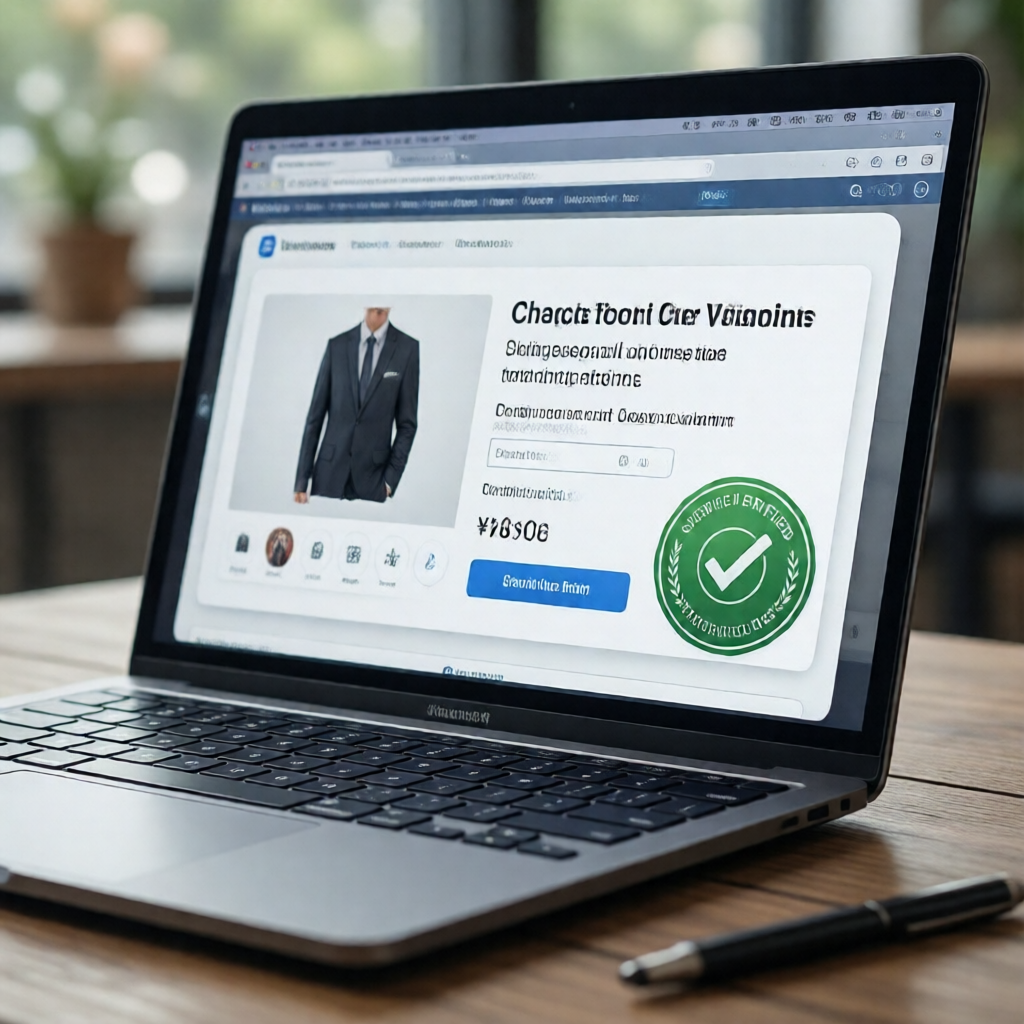 Close-up editorial shot of a laptop checkout page with a verified green certification badge positioned beside a product 