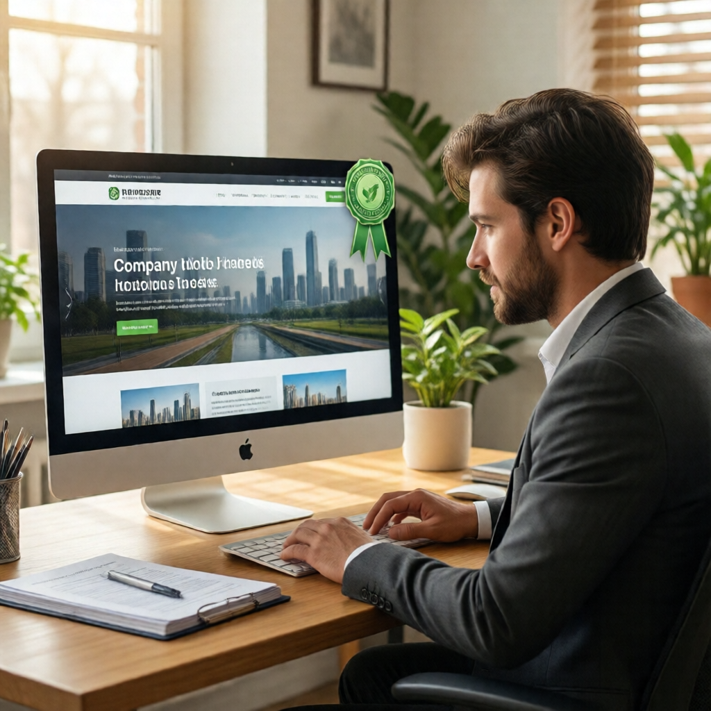 Small business owner seated at a bright modern workstation, reviewing their company website on a large desktop monitor w