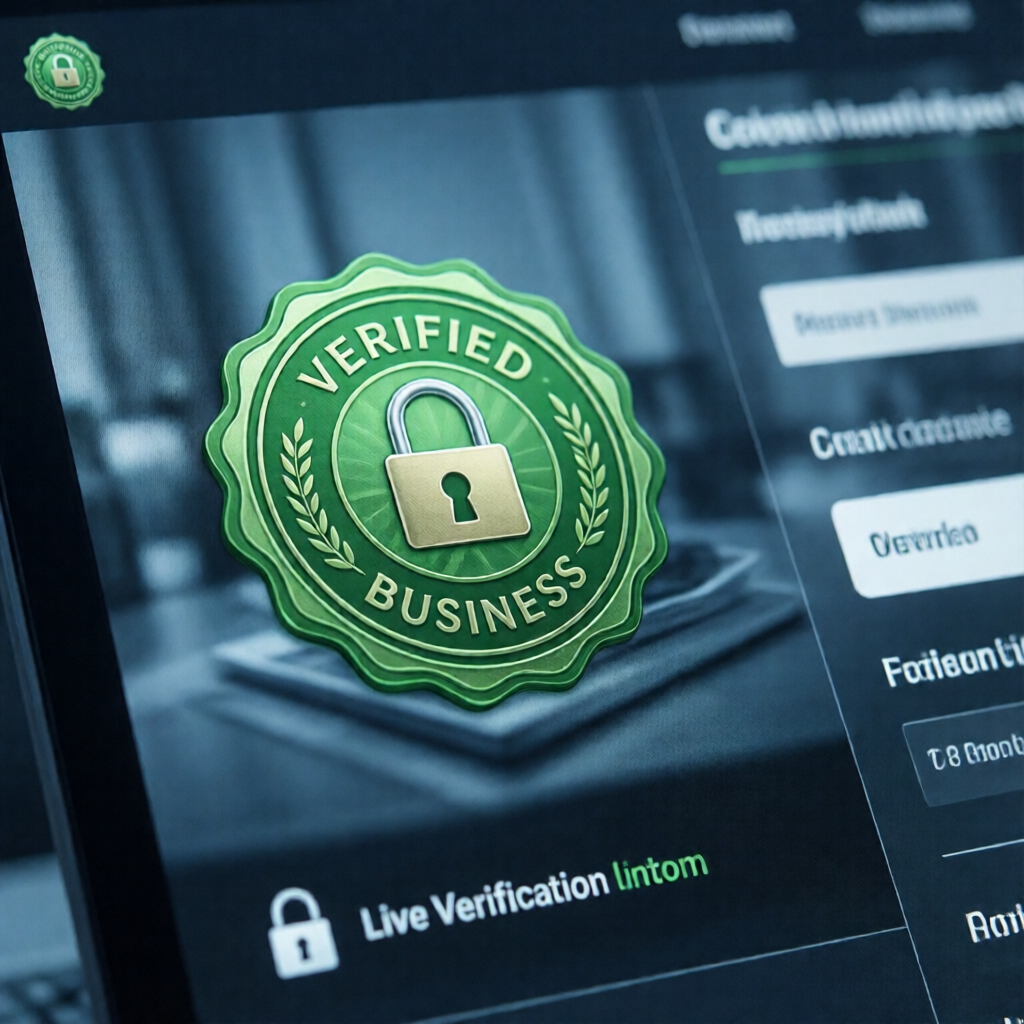 Editorial close-up of a verified green business seal displayed prominently on a sleek website checkout page, padlock ico