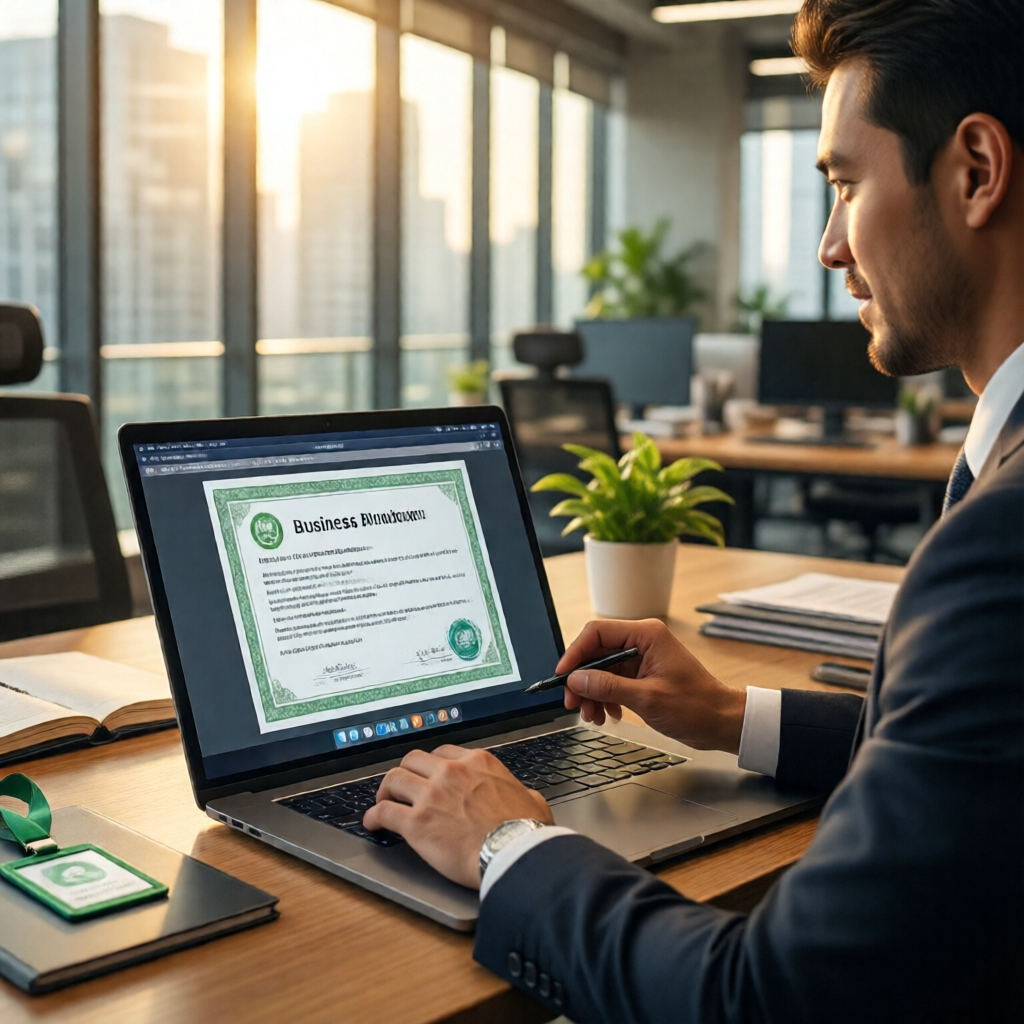 Business owner reviewing a digital certificate on a laptop in a sun-lit modern office, green business badge visible on s