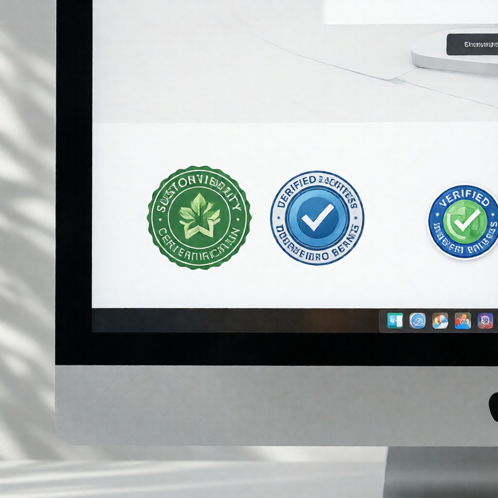 Minimalist website footer photographed on a desktop monitor showing a green sustainability certification badge aligned b