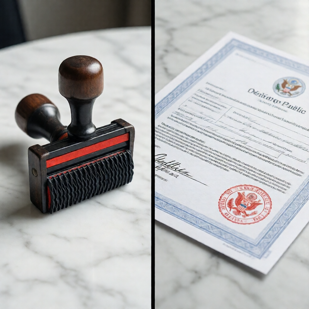 A split-screen editorial photograph showing a notary public embosser stamp on the left and an official apostille certifi