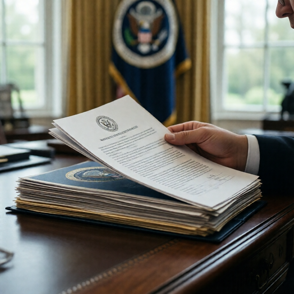 A professional shot of a person reviewing stacked official government documents at a mahogany desk, a blurred US Secreta