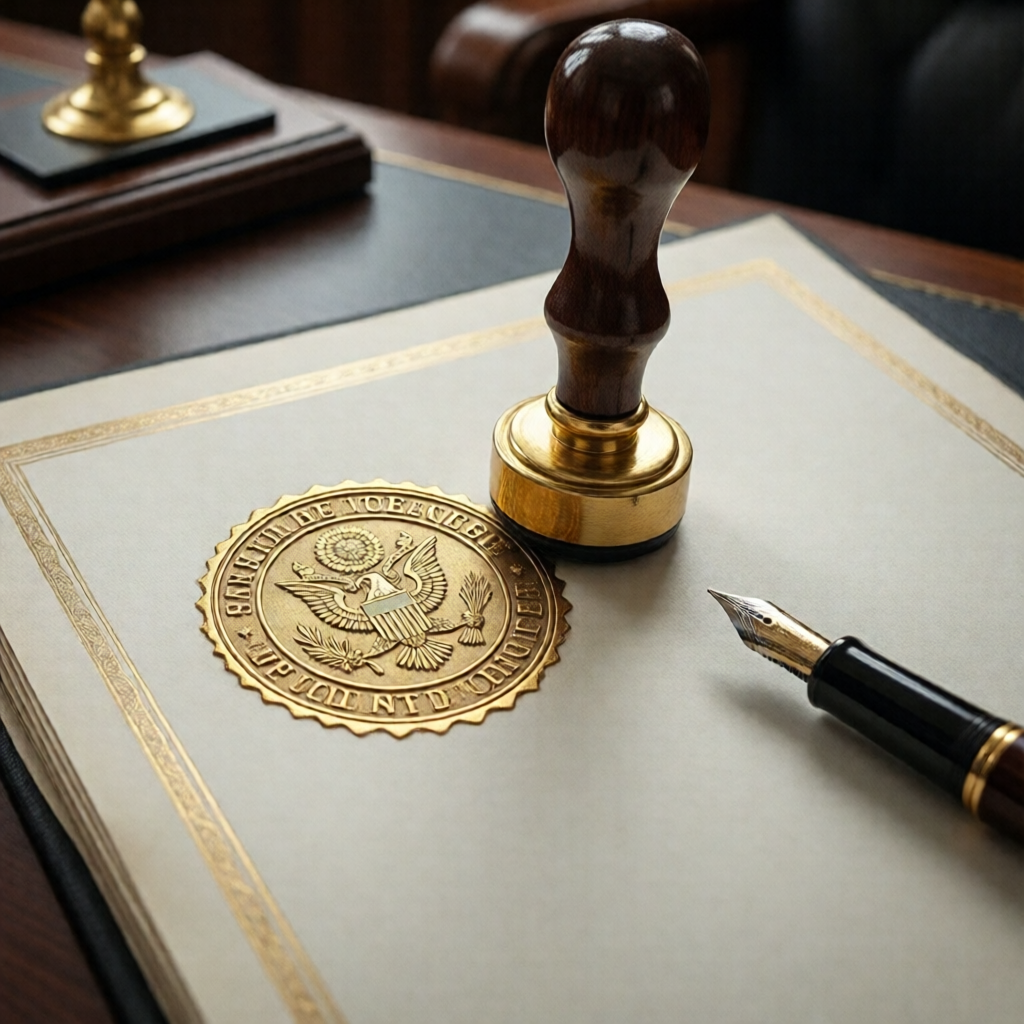 Close-up editorial photograph of an apostille certificate being affixed to an official document, gold government embossi