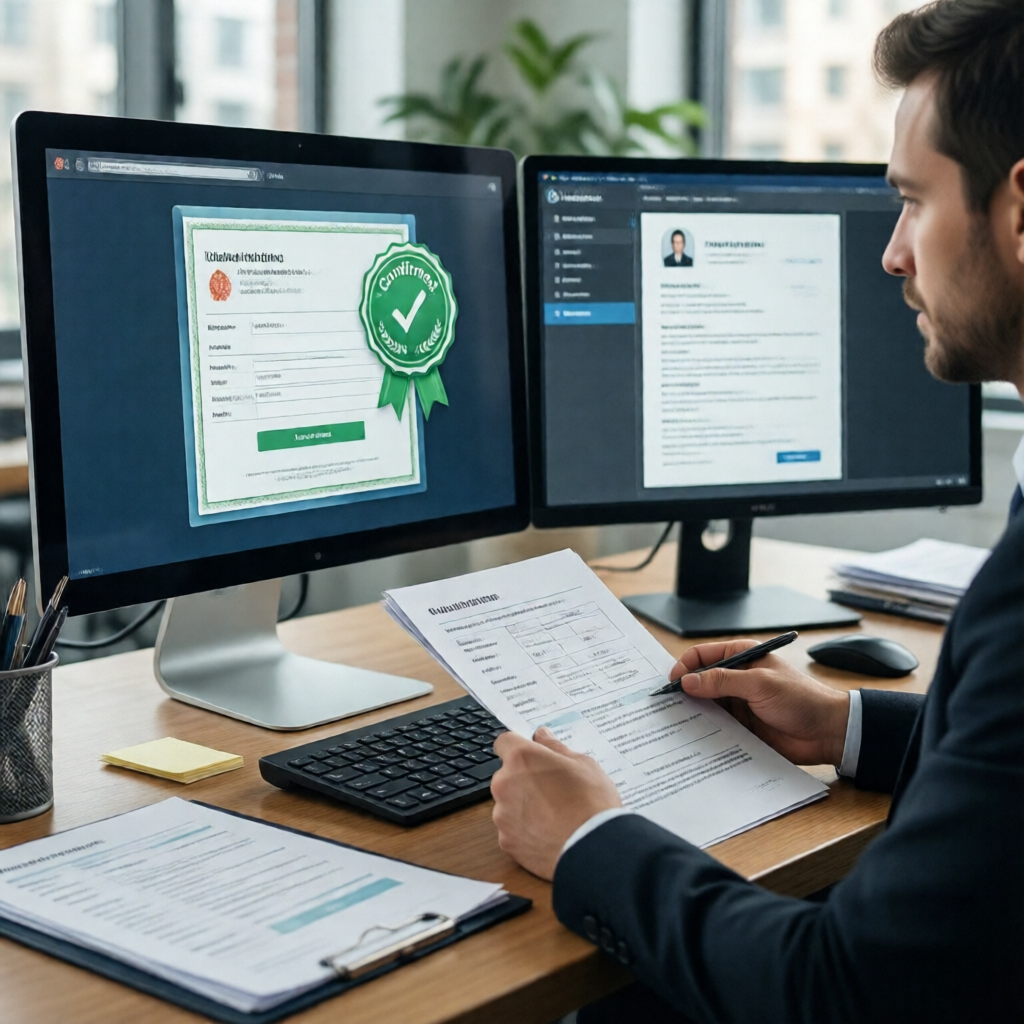 HR professional at a clean modern desk reviewing candidate credential documents on a dual-monitor setup — one screen sho