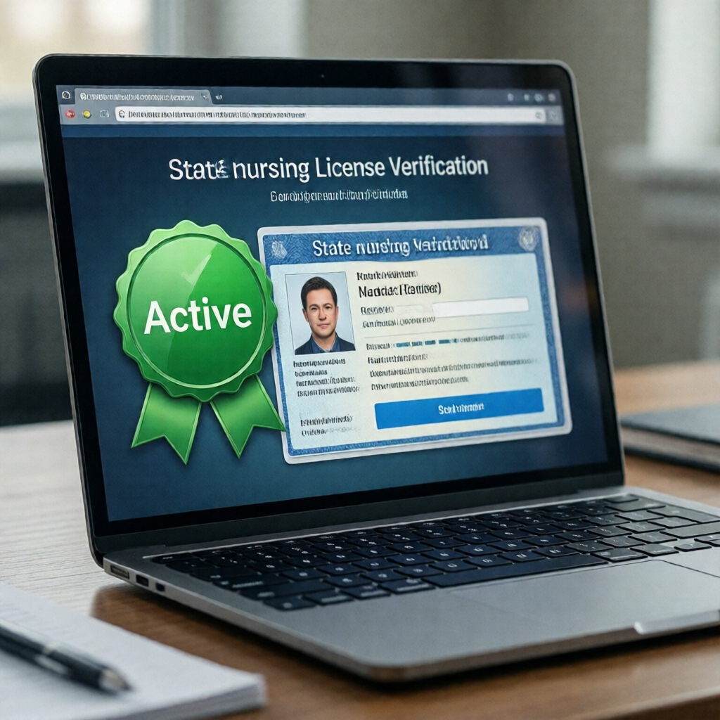 Close-up of a laptop screen displaying a state nursing license verification portal, with a bold green "Active" status ba
